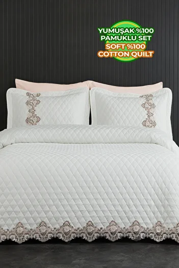Evlen Home Collection Husă de pat din bumbac 100% mai dantelă, matlasată umplută cu fibre duble (știucă), alb