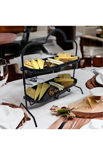 decorelax 2 Tiers Black Melamine 13x32cm Metal Presentation Stand – for Catering and Serving Model 1 Black