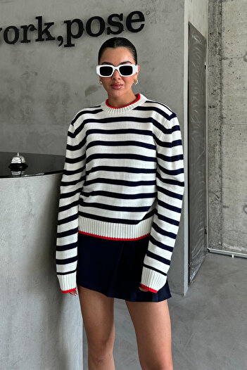 MODAGEN Women's Navy Blue Striped Red Collar Detailed Knitwear Sweater