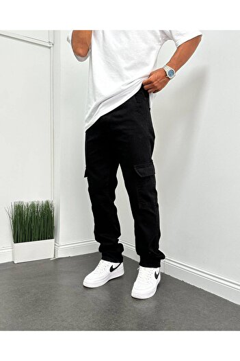 Oliggopol Men's Black Baggy Cargo Pants Jeans Fabric Baggy