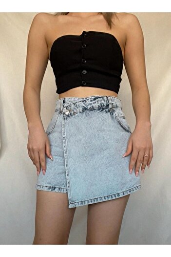 MAKRAS EXCLUSIVE Mr Snow Wash Asymmetrical Jean Denim Shorts Skirt with Front Closure Detail