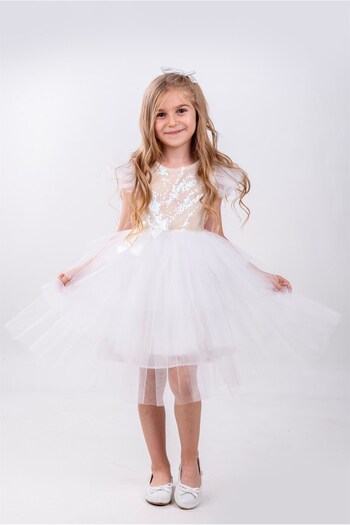 Buse&Eylül Bebe White Sequin Girl's Party Dress