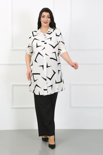 By Alba Collection Women's White Patterned Cotton Viscose Large Size Tunic