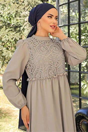 Bestenur Lacy Linen Dress 773 - Gray