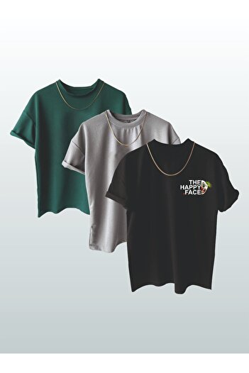 AFROGİYİM Unisex Happy Face Printed 3'' Oversize T-shirt