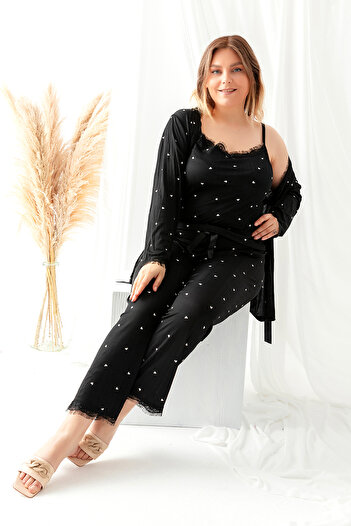 nisaNCa Large Size Pegasus Women's Pajamas Set with Lace Detail with Dressing Gown - Dowry Set