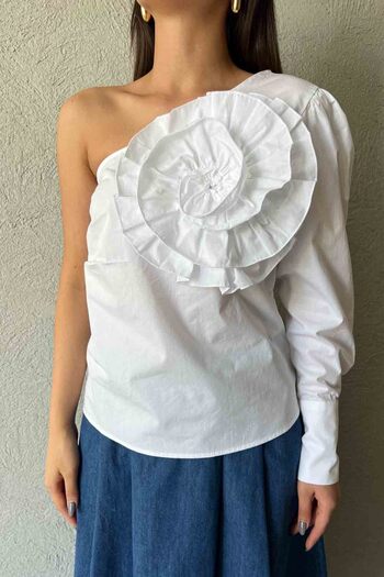 Seda Yalçın Atelier White Single Shoulder Special Design Shirt