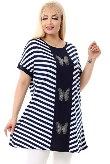 Kheos Short Sleeve Round Collar Bias Striped Blocked Comfortable and Flowy Stylish Tunic with Butterfly Stone Embroidery on the Front