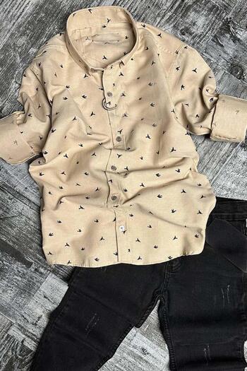 Riccotarz Boy's Jean Pants Bird Patterned Cream Shirt Top and Bottom Set