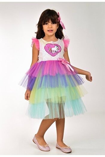 Buse&Eylül Bebe Unicorn Sequined Tutu Skirt Girl's Party Dress