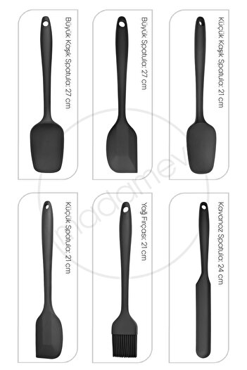 Tilbe Home 6lı Silikon Fırça Spatula Servis Takımı Yanmaz Yapışmaz Siyah Fırçası Kaşık Bıçak Spatula
