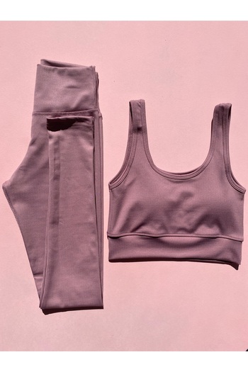 LEYNA BUTİK Kadın Açık Mürdüm Yüksek Bel Toparlayıcı Fitilli Spor Tayt ve Pedli Crop Takım