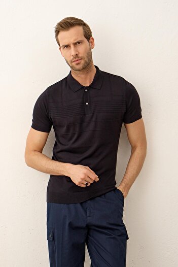 Danger Men's Line Patterned Slim-fit Molded Polo Collar Summer Knitwear T-shirt Dark Navy Blue