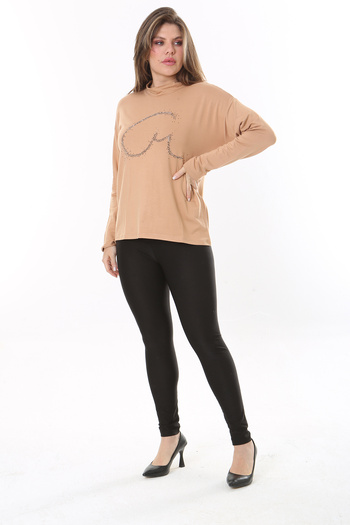 Şans Women's Plus Size Beige Zero Collar Stone Detailed Long Sleeve Blouse 65N37798