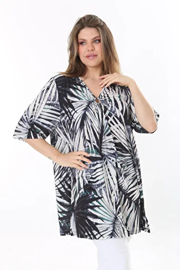 Şans Women's Large Size Colorful Chest Buckle Gathered V-Neck Short Sleeve Tunic 65N37796