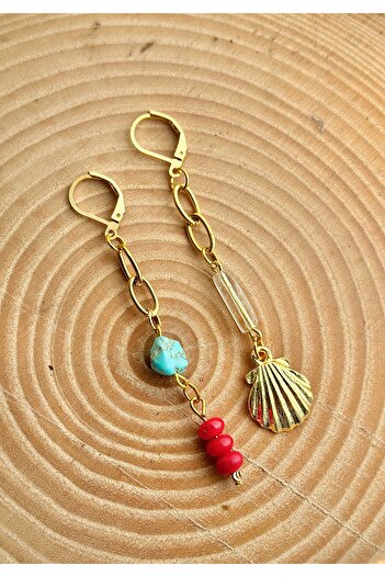 CAPO by Aytaç Yamaç Olympos Lycia Earrings Natural Stone Turquoise and Red Coral Stone Earrings oyster Earrings