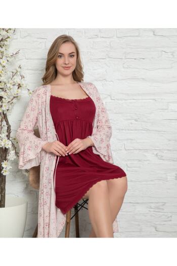 Duchesse Women's Burgundy Combed Cotton Nightgown Dressing Gown Set 2016