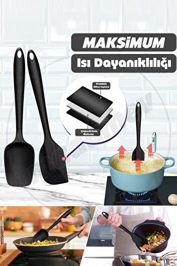 Tilbe Home 6lı Silikon Fırça Spatula Servis Takımı Yanmaz Yapışmaz Siyah Fırçası Kaşık Bıçak Spatula