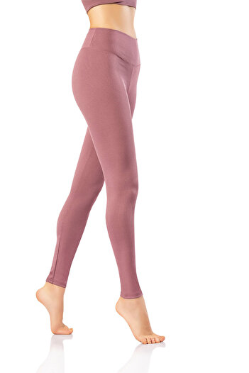 LEYNA BUTİK Kadın Açık Mürdüm Yüksek Bel Toparlayıcı Fitilli Spor Tayt ve Pedli Crop Takım