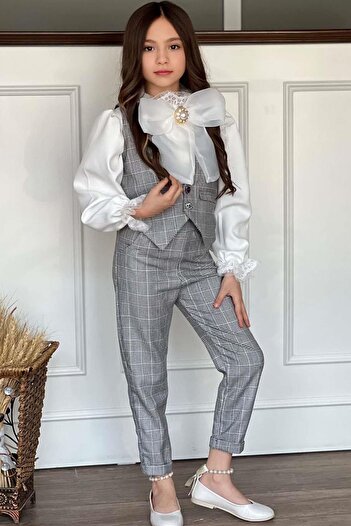 Riccotarz Girl's V-Neck Vest and Buttoned Shirt Gray Bottom Top Set