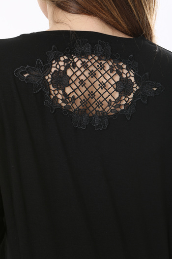 Şans Women's Large Size Black Long Sleeve Blouse with Stone Front and Lace Detail on the Back 65N37803