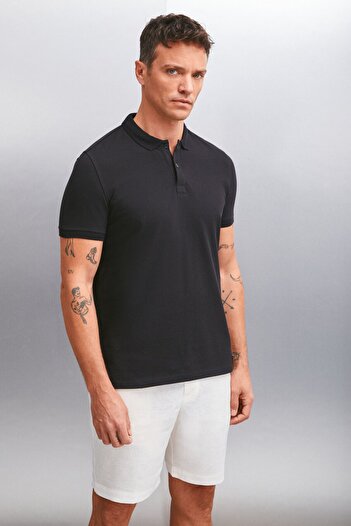 GRIMELANGE MARTEN Herren-T-Shirt aus 100 % Baumwolle, kurzärmelig, normale Passform, schwarzes Polo-Ausschnitt