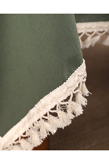 NDC HOME Premium Linen Khaki Pompom Tablecloth