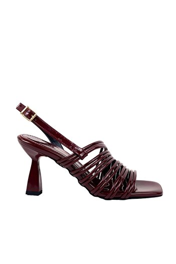 bescobel Women's Claret Red Patent Leather Heeled Ribbed Ankle Strap Sandals 8 Cm 201