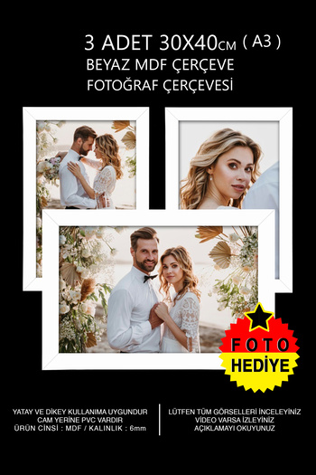 bymat 3 Pieces 30x40 Frame - White Frame - A3 Frame - Mdf Multi Photo Frame