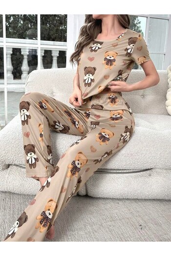 Cesur Дамски пижамен комплект с къс ръкав CoffeeWithMilkBear
