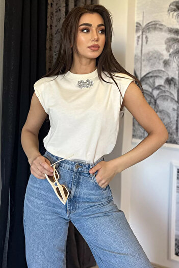 GÜLSELİ Cream Collar Jewelled Shoulder Padded Tank Top