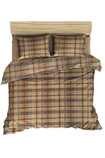 makiteks Maki Cotton Beige Plaid 200x220 cm Double Duvet Cover and 2 Pillow Case Set