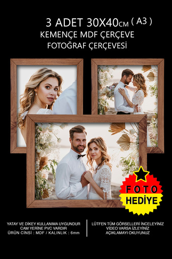 bymat 3 Pieces 30x40 Frame - Kemenç Frame - A3 Frame - MDF Multi Photo Frame