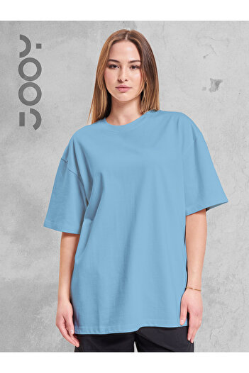 Jooy Company Μπλουζάκι Boyfriend Basic Oversize με μπλε λαιμόκοψη