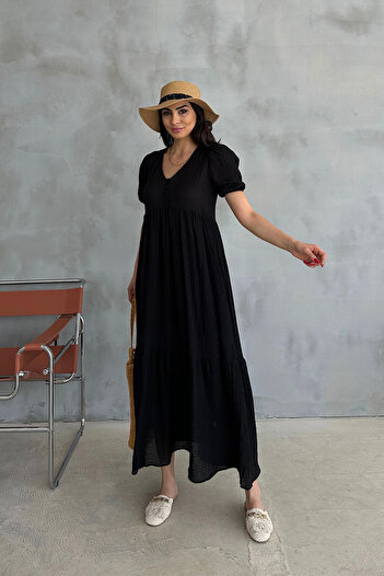 Ortaya Çık Black Watermelon Sleeve Button Detailed Midi Dress