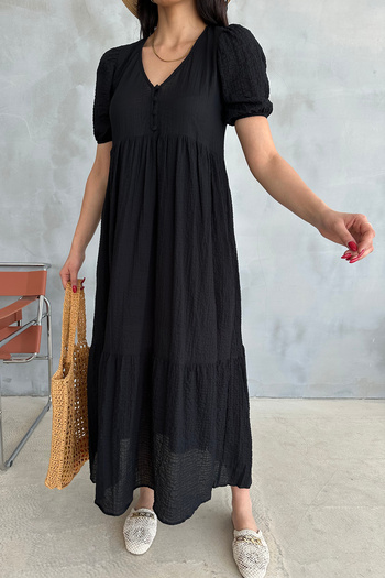 Ortaya Çık Black Watermelon Sleeve Button Detailed Midi Dress