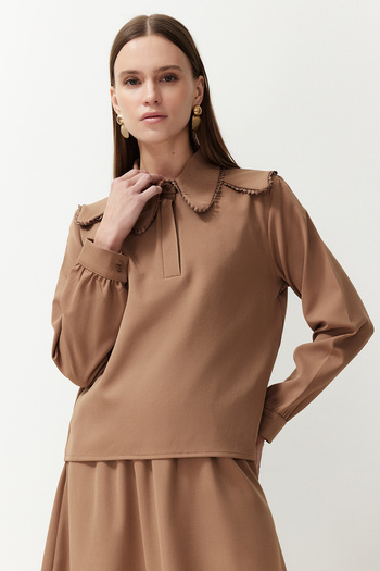 Trendyol Modest Brown Baby Collared Woven Fabric Top and Bottom Skirt Tunic Set TCTSS24US00064