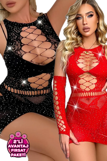 Bernato Red Mini Dress with Gloves and Rhinestones Black Color 2-Piece Advantage Deal Fancy Nightwear Pack