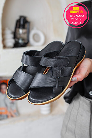 Adım Adım Women's Genuine Leather Orthopedic Flip Flops Black Slippers
