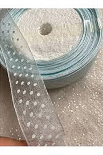 Nikah Şekeri Market Μπλε κορδέλα Organza 10 μέτρων - 1 cm με κουκκίδες