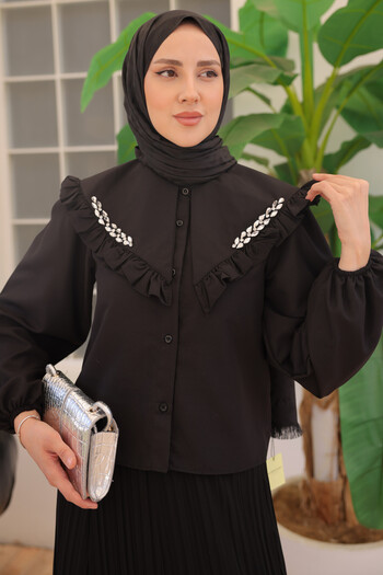 benguen 2070 Short Shirt with Stone Detail on the Collar Black