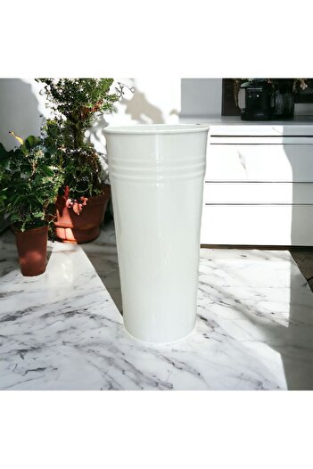 LUCKYHOMES Galvanized Vase with White Flower Pot - Umbrella Holder, Flower Pot 49X25