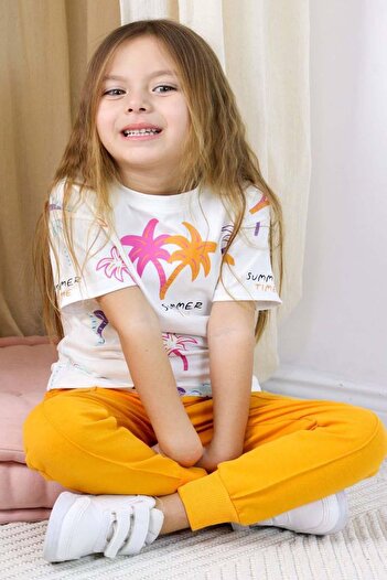 Riccotarz Girl's Palm Patterned Short Sleeve Orange Tracksuit Set