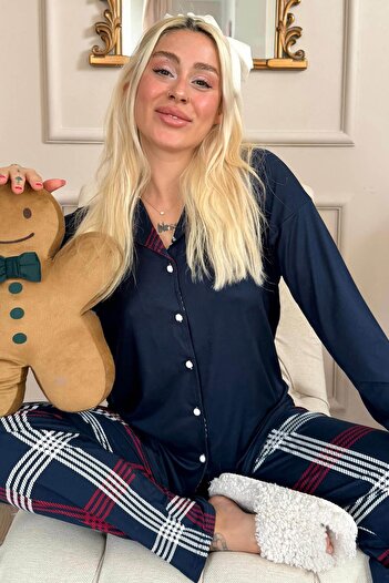 Pijamaevi Navy Blue Plaid Patterned Bamboo Front Buttoned Long Sleeve Women's Pajamas Set
