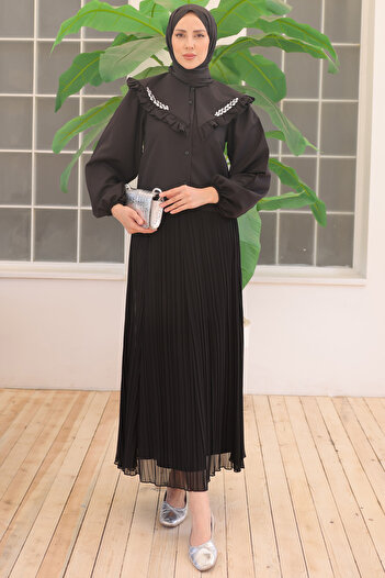 benguen 2070 Short Shirt with Stone Detail on the Collar Black