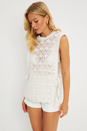 Cool & Sexy Women's Ecru Openwork Sweater with Side Ties YV226