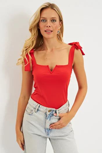 Cool & Sexy Women's Red Shoulder Tie Blouse EY2795