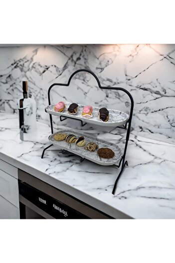 decorelax 2-Tier White Silver Floor Marble Patterned Melamine 13x32cm Metal Presentation Stand - M for Catering and Serving