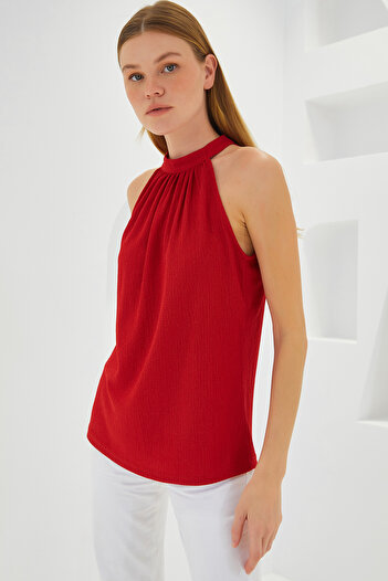 Bigdart 0489 Halter Yaka Örme Bluz - Kırmızı