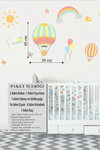 TUGİBU Children's Room Wall Sticker Set, Orange Flying Balloon Butterfly And Rainbow Themed
